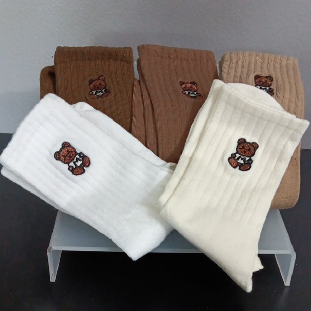 5 New Embroidered Teddy Bear Crew Socks